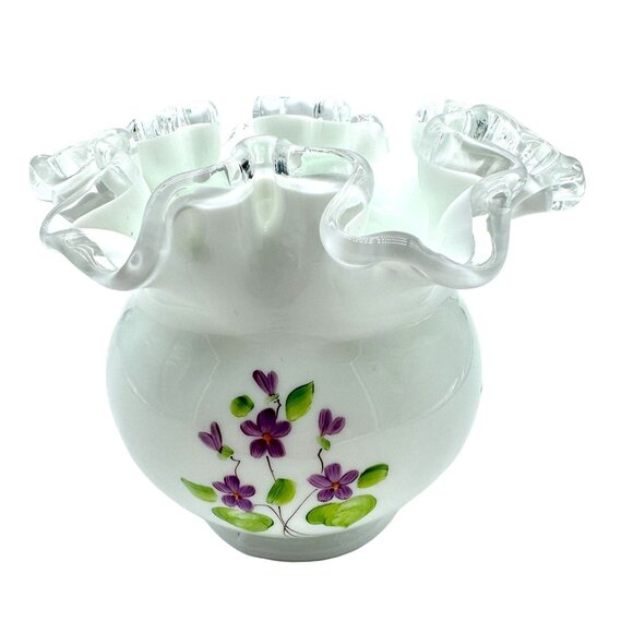 Fenton Glass Silvercrest "Violets in the Snow" Ruffled Bowl Signed C Gearhart - Picture 3 of 6